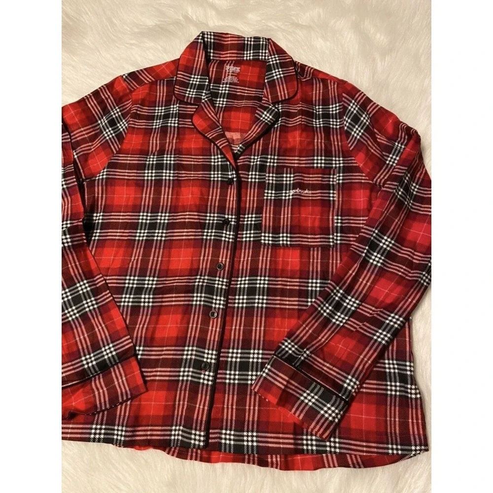 PINK Victoria's Secret‎ Pajama Shirt Womens Size Large Red Plaid Button Down Top